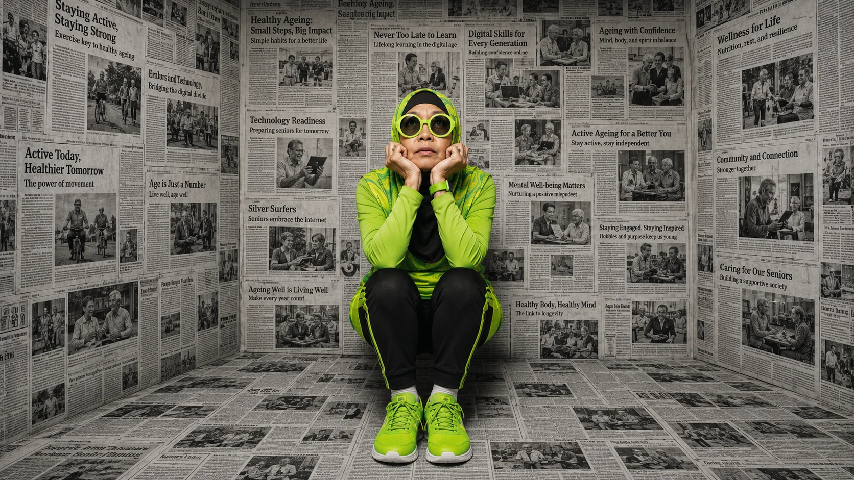 An older woman in bright green activewear seated in a room covered with healthy ageing newspaper stories