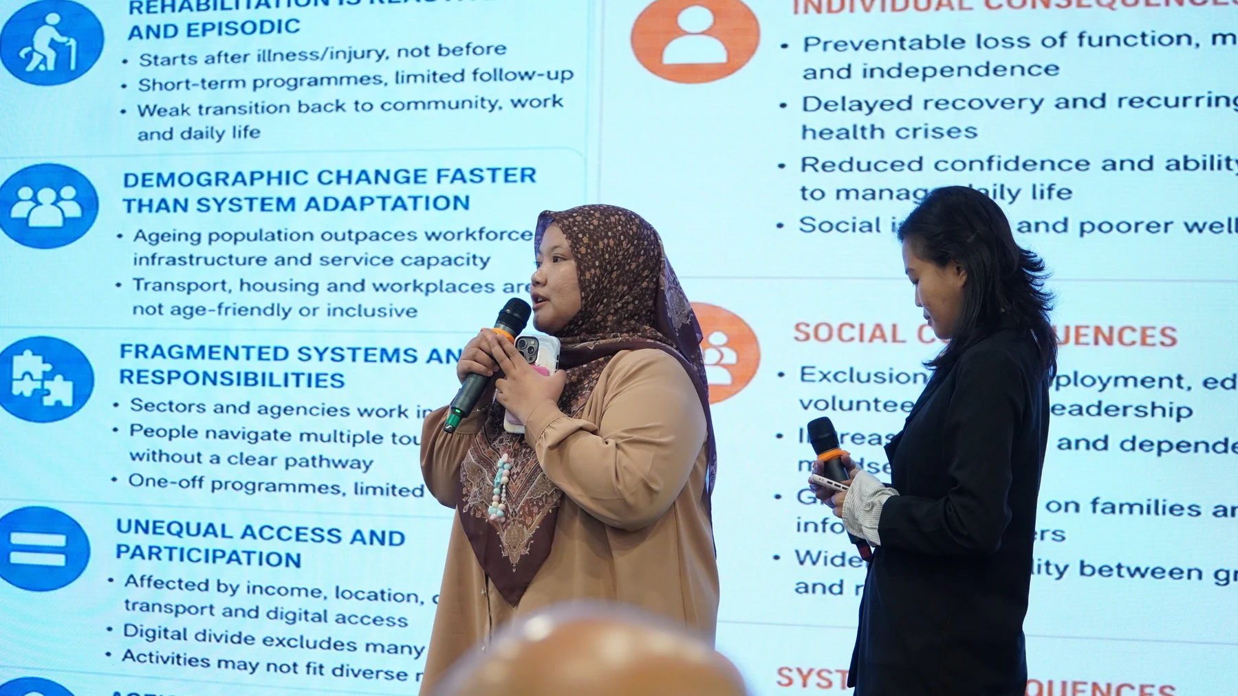 Marha Batrisyia and Izzati Azryna presenting ideas about wellbeing and an ageing society