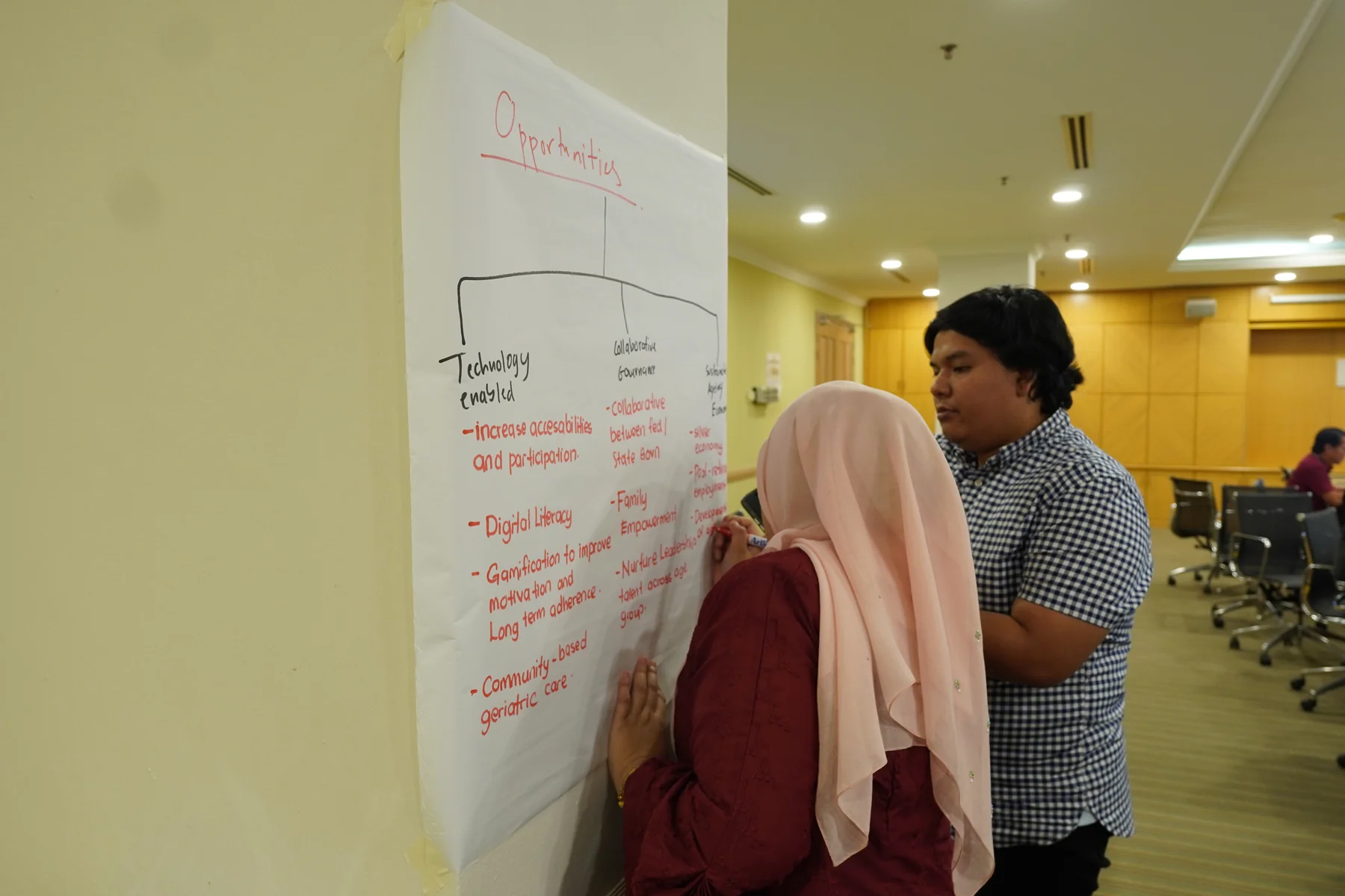 Megat identifying opportunities on a workshop sheet with a stakeholder